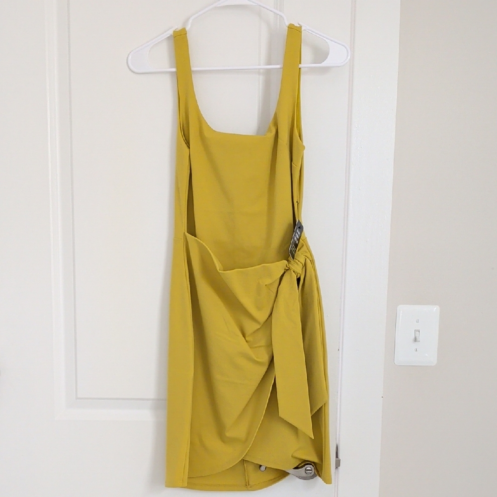 Express Mustard Yellow Square Neck Front Tie Wrap Body Contour Mini Dress XS